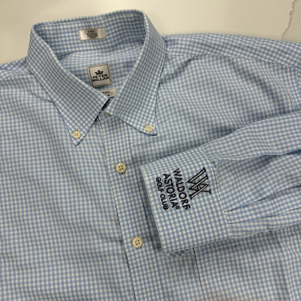 Peter Millar Nanoluxe‎ Button Down Mens L Blue Gingham Waldorf Astoria GC Preppy